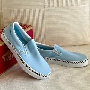 Vans Sky Blue Slip-On Shoes with Checkered Trim size 8